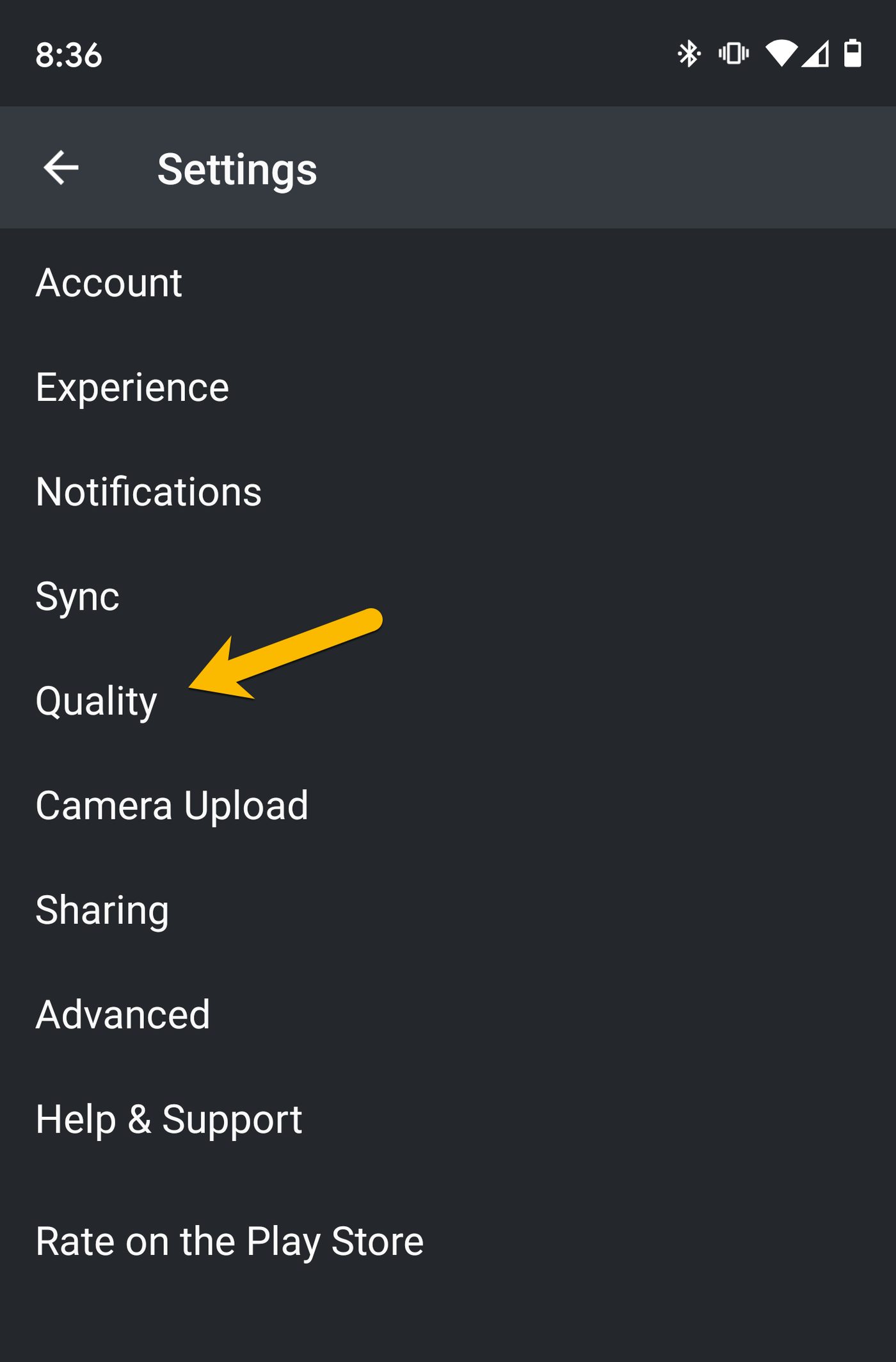 Android Plex quality menu