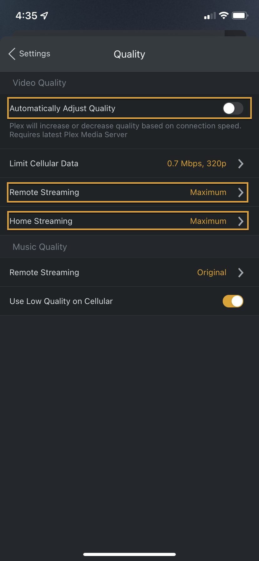iOS Plex quality final screen