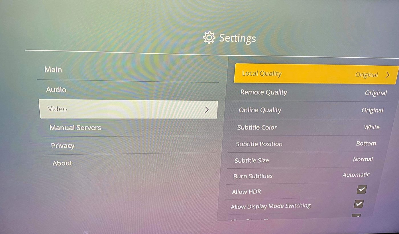 webOS Plex video settings