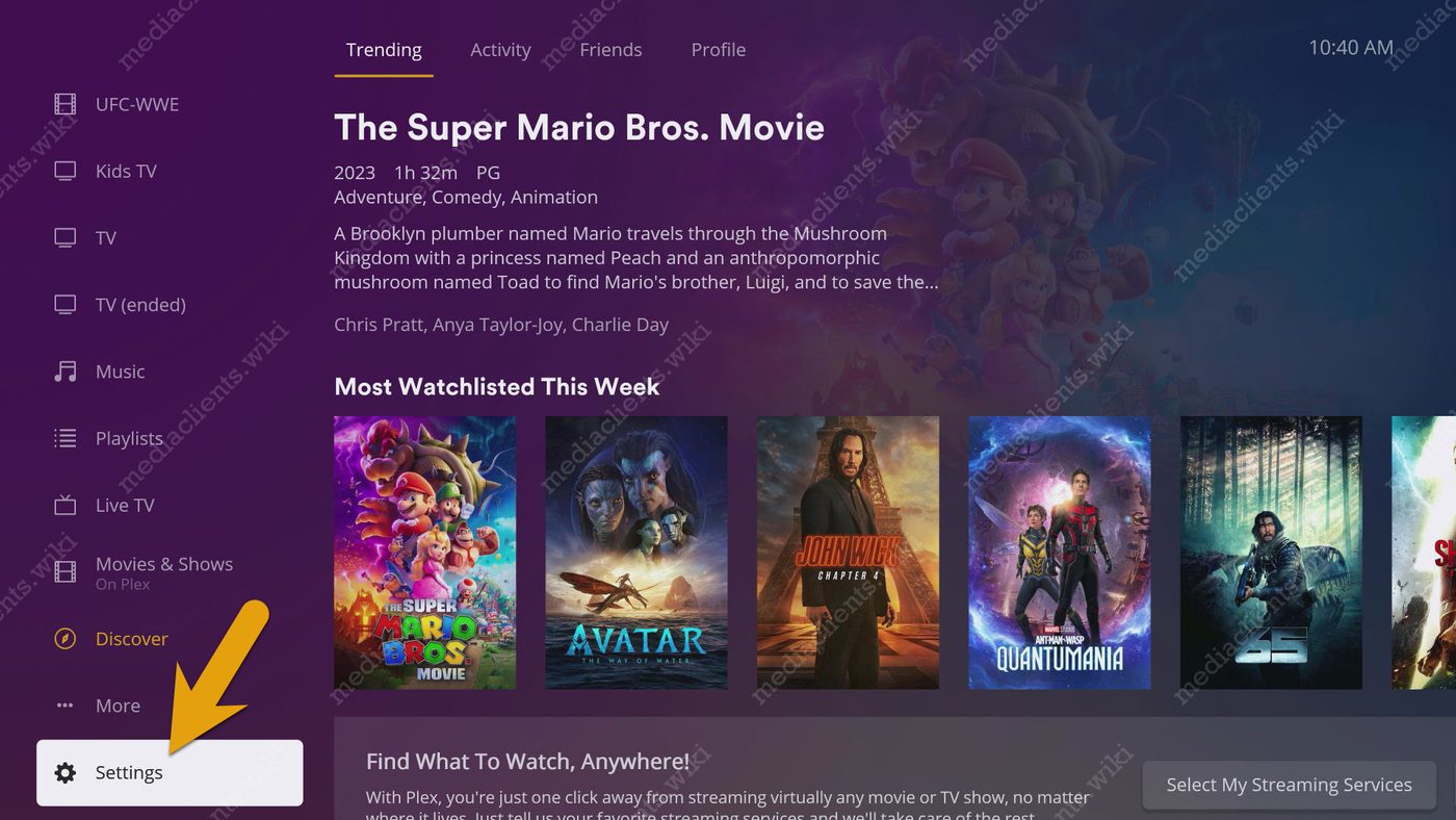 Plex settings menu on Xbox